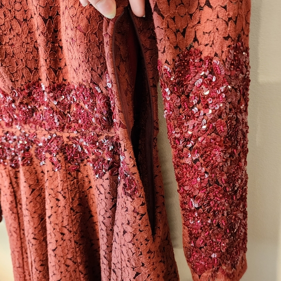 Manishii Rust/Ruby Sequin Embroidered Lace Anarkali Gown Dress Pakistani - Picture 6 of 11